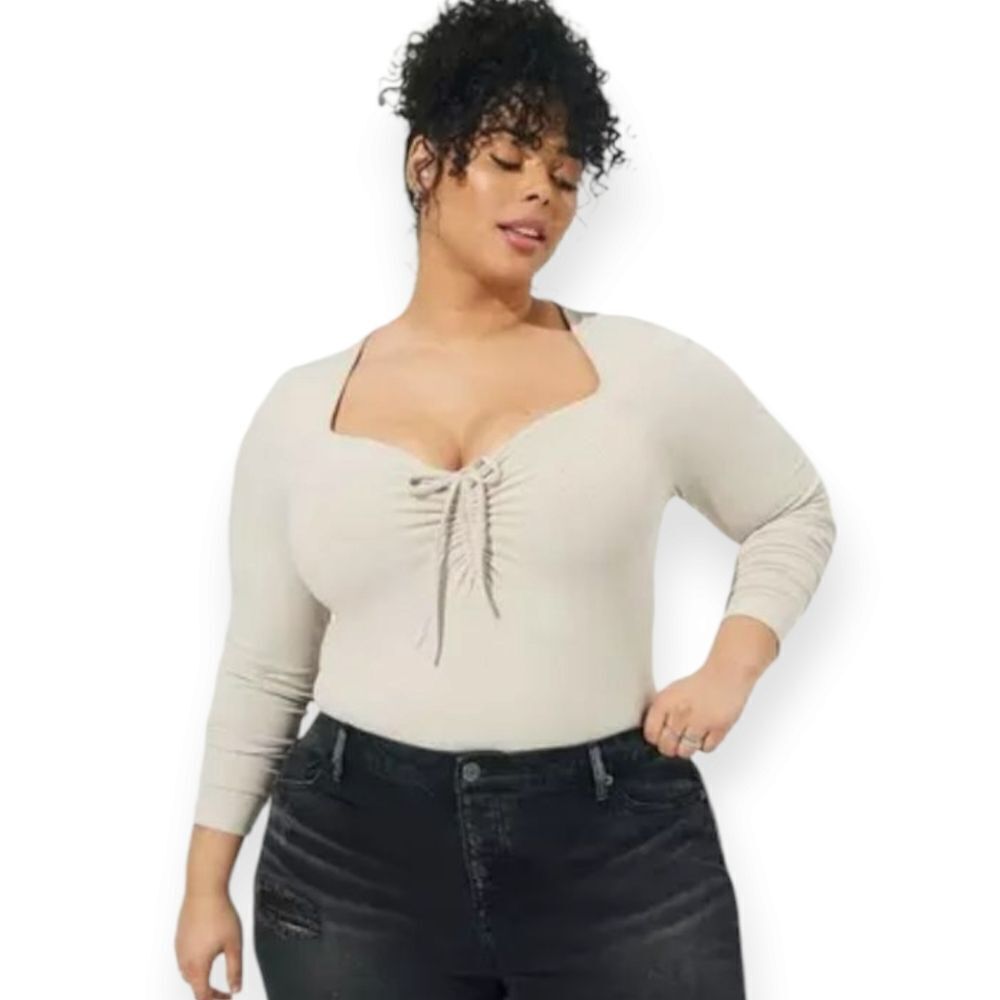 6X 30W Torrid Rib Sweetheart Tie Front Top Max Stretch Chateau Gray Top Long Sle